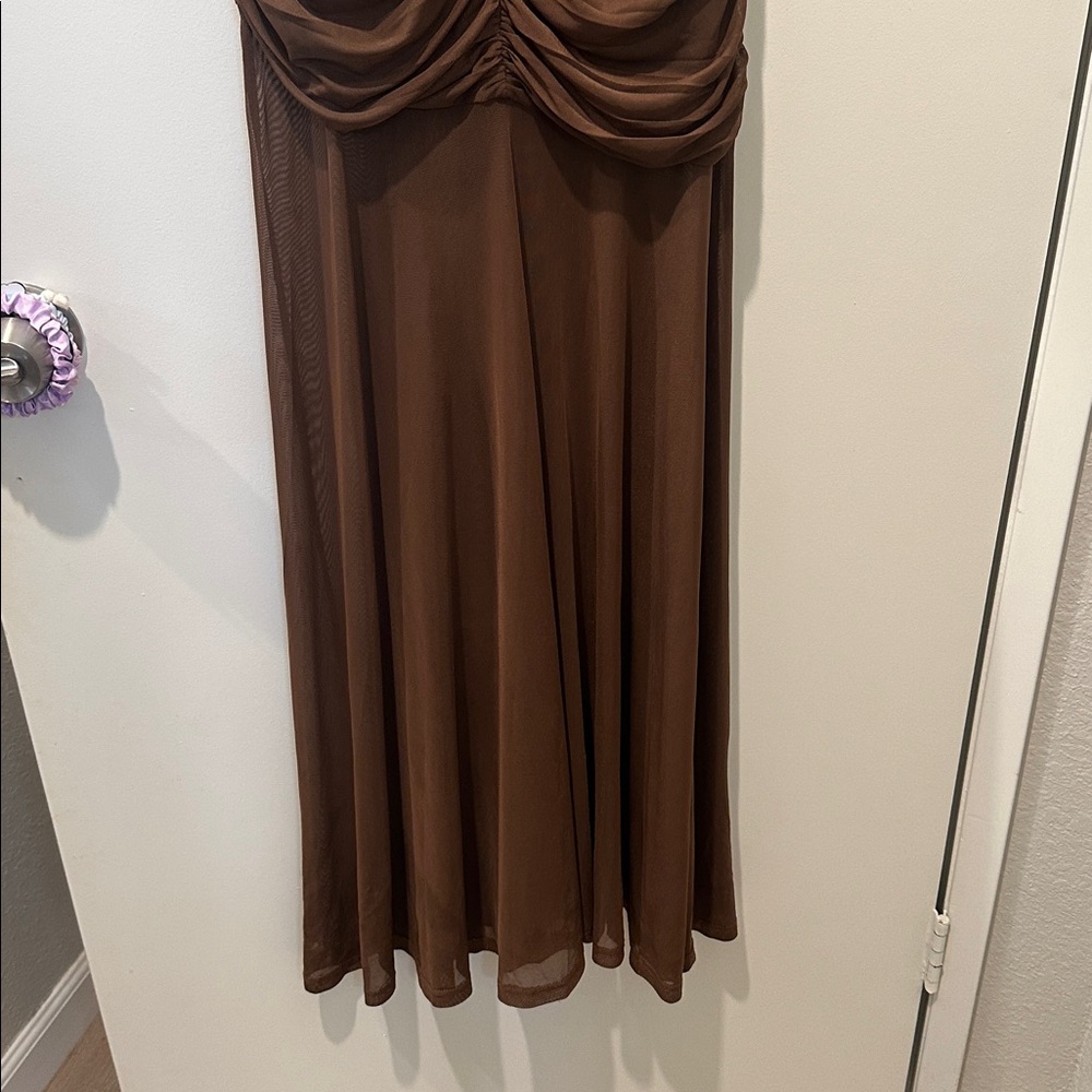 Sheer Ruched Maxi Dress in Chocolate Brown - Picture 11 of 15